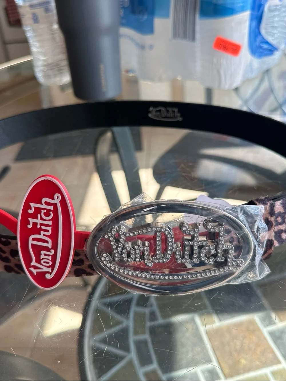Von Dutch Leopard Print Rhinestone Logo Belt BNWT Size S / XL